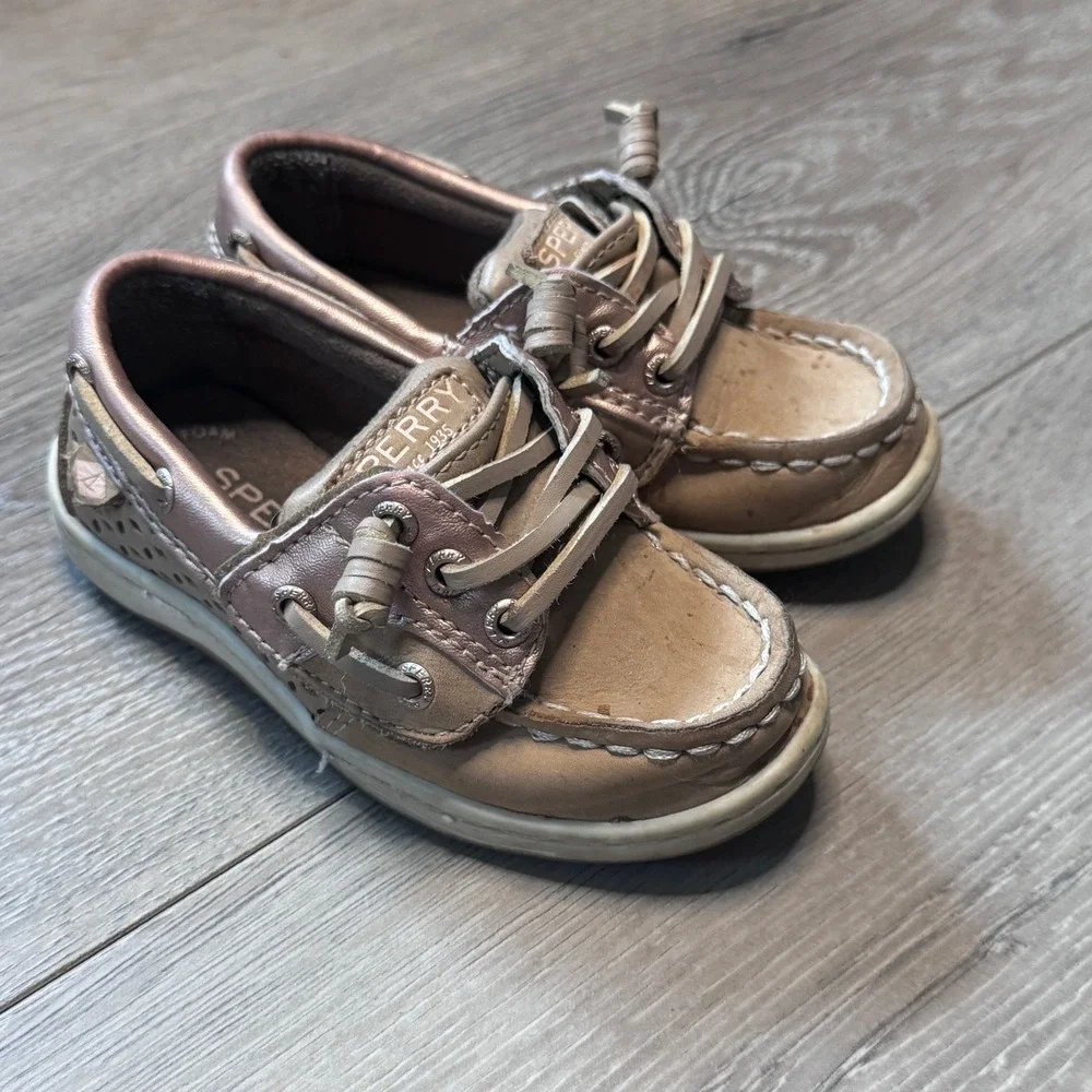 Sperry Songfish Jr Girls Metallic Tan Leather Boat Shoes Toddler Size 7